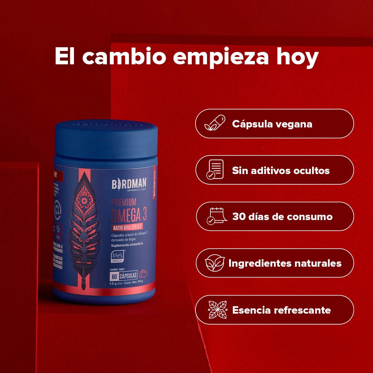 BIRDMAN PREMIUM OMEGA 3 VEGANO, 60 CÁPSULAS