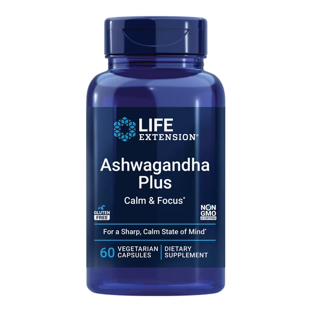 LIFE EXTENSION ASHWAGANDHA PLUS CALM & FOCUS, 60 CÁPSULAS