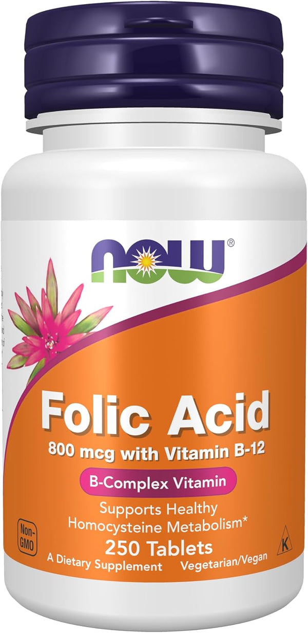 NOW FOODS ÁCIDO FÓLICO 800 MCG + B-12 25 MCG, 250 TABLETAS