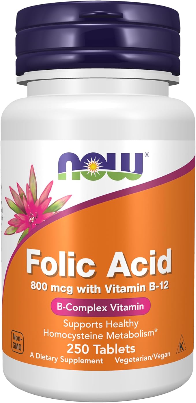 NOW FOODS ÁCIDO FÓLICO 800 MCG + B-12 25 MCG, 250 TABLETAS