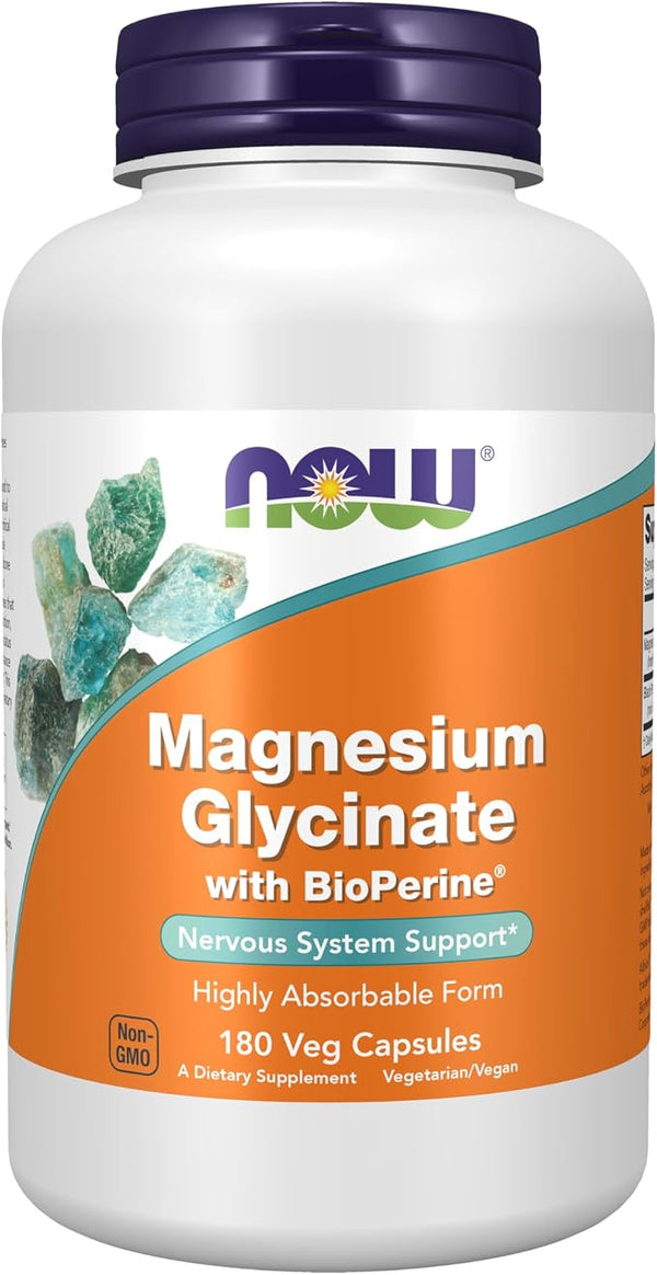 NOW FOODS GLICINATO DE MAGNESIO CON BIOPERINE, 180 CÁPSULAS VEGETALES